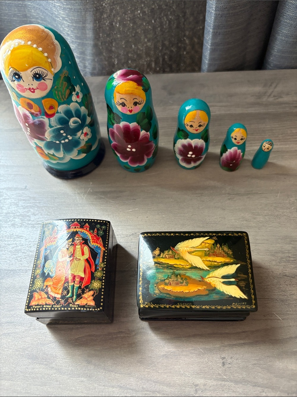 Matrioskas and Russian boxes hand-painted with lacquer